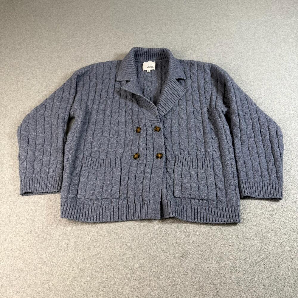 Sunday Edition Cardigan Sweater Women Large Blue Cable Knit Heritage Cottage